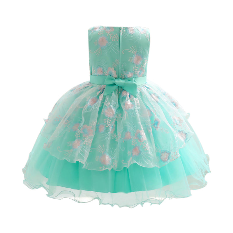 Girls Green Floral Printed Sleeveless Fit and Flare Layered Balloon Mini Dress
