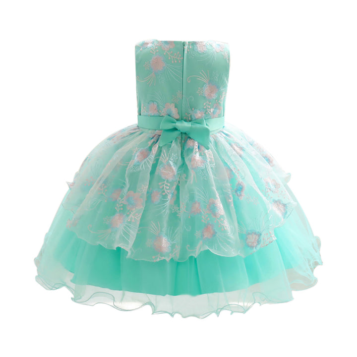 Girls Green Floral Printed Sleeveless Fit and Flare Layered Balloon Mini Dress