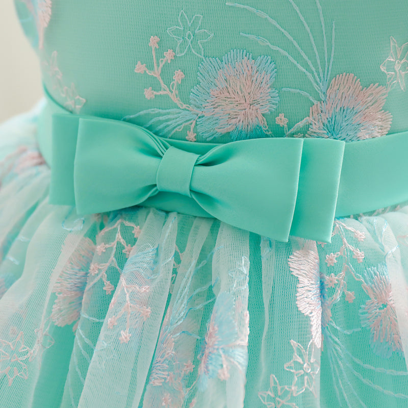 Girls Green Floral Printed Sleeveless Fit and Flare Layered Balloon Mini Dress