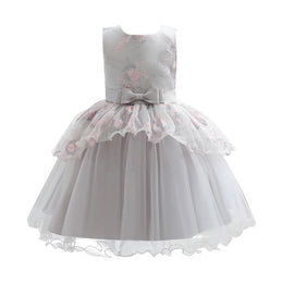 Girls Grey Floral Self Design Layered Fit and Flare Dress