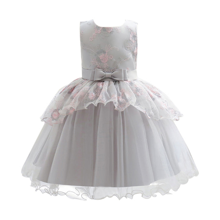 Girls Grey Floral Self Design Layered Fit and Flare Dress