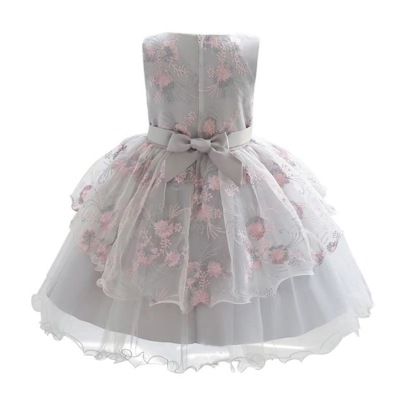 Girls Grey Floral Self Design Layered Fit and Flare Dress