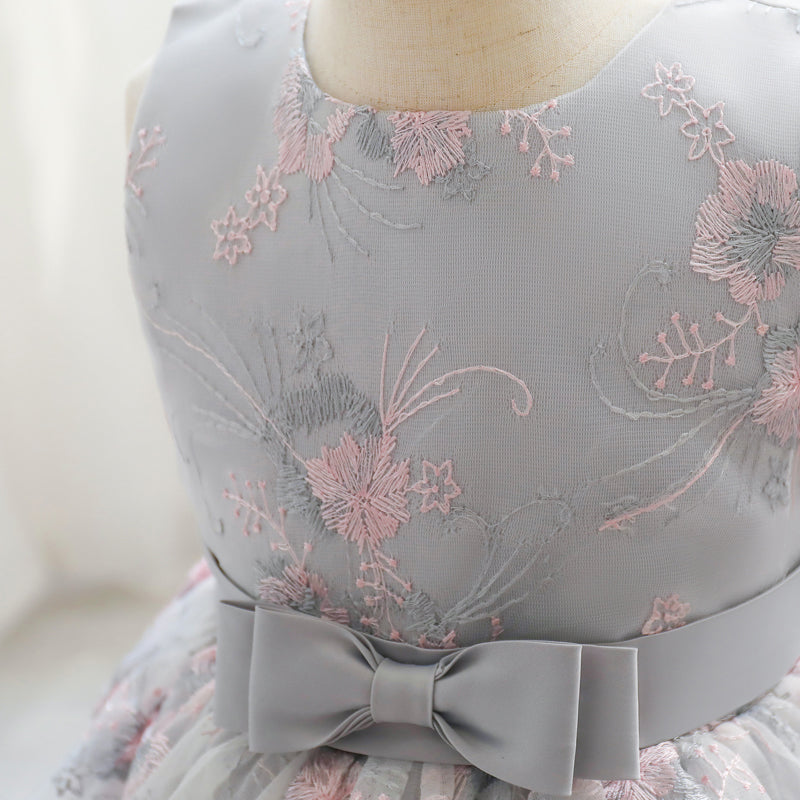 Girls Grey Floral Self Design Layered Fit and Flare Dress