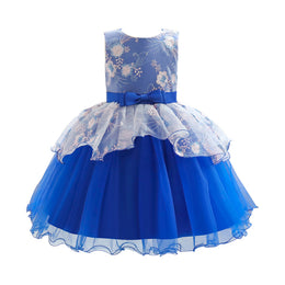 Girls Blue Floral Self Design Layered Fit & Flare Dress
