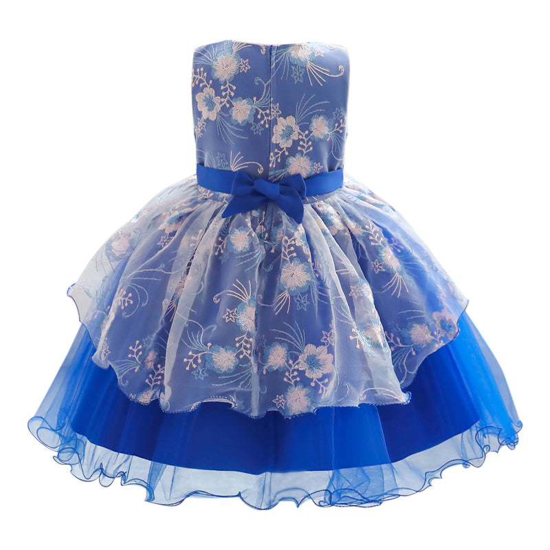 Girls Blue Floral Self Design Layered Fit & Flare Dress