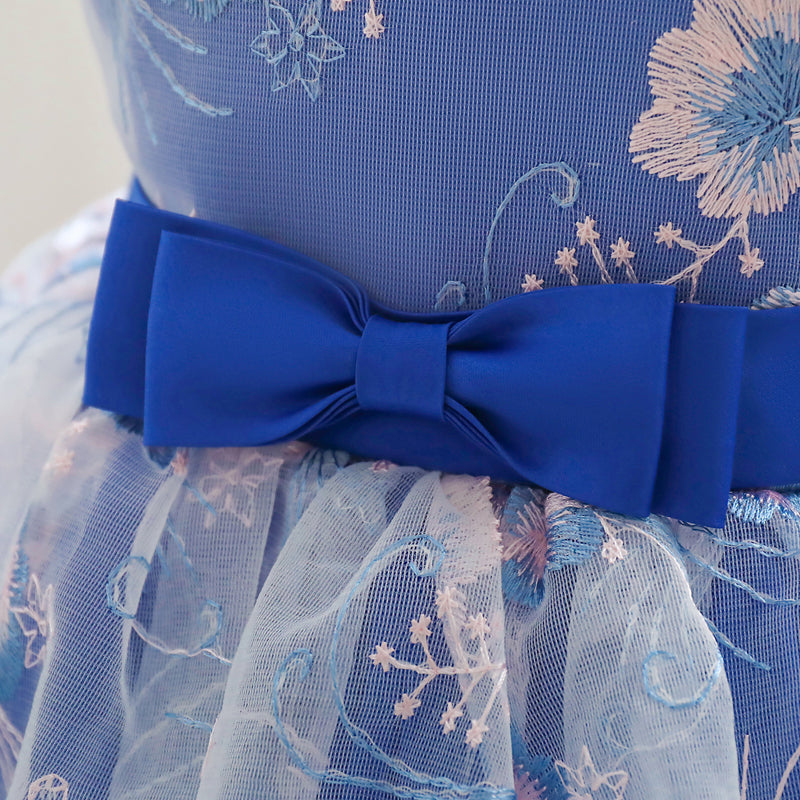 Girls Blue Floral Self Design Layered Fit & Flare Dress