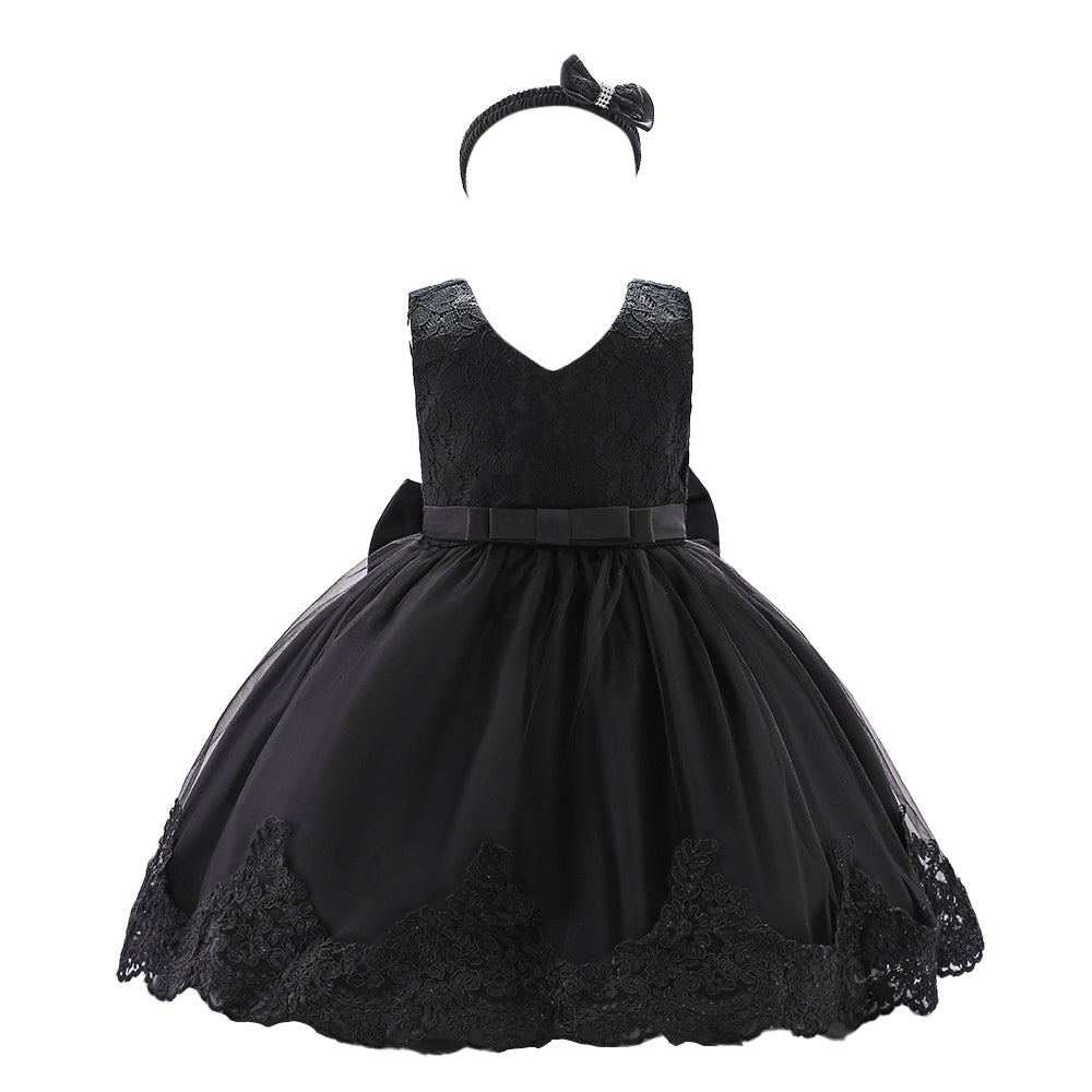 Girls Black Self Design Fit & Flare Dress Comes With Hairband