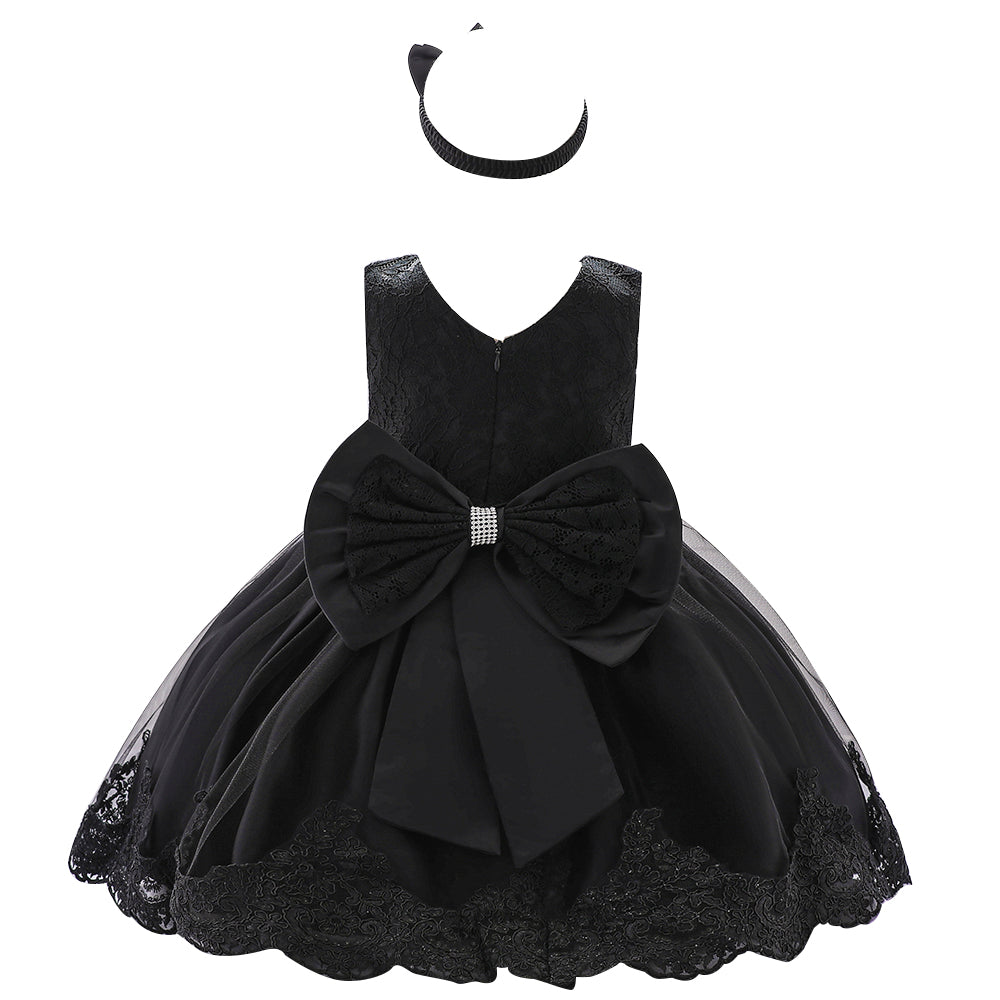 Girls Black Self Design Fit & Flare Dress Comes With Hairband