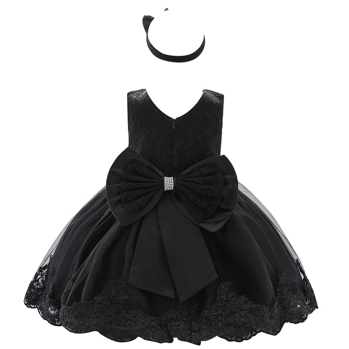 Girls Black Self Design Fit & Flare Dress Comes With Hairband
