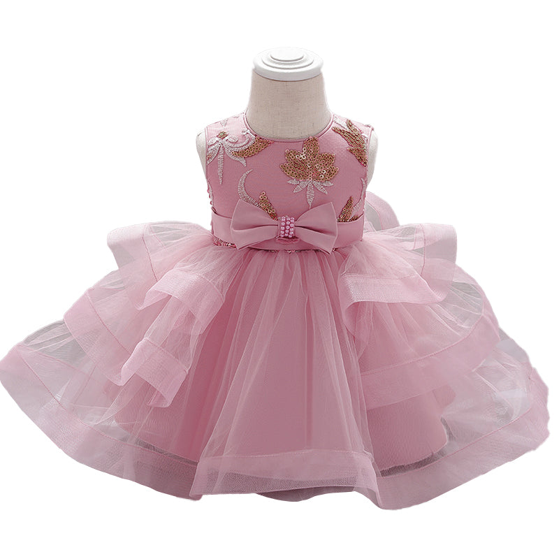 Girls Pink Floral Embellished Round Neck Fit & Flare Dress