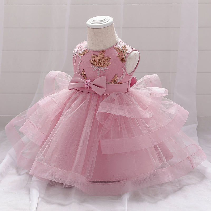 Girls Pink Floral Embellished Round Neck Fit & Flare Dress