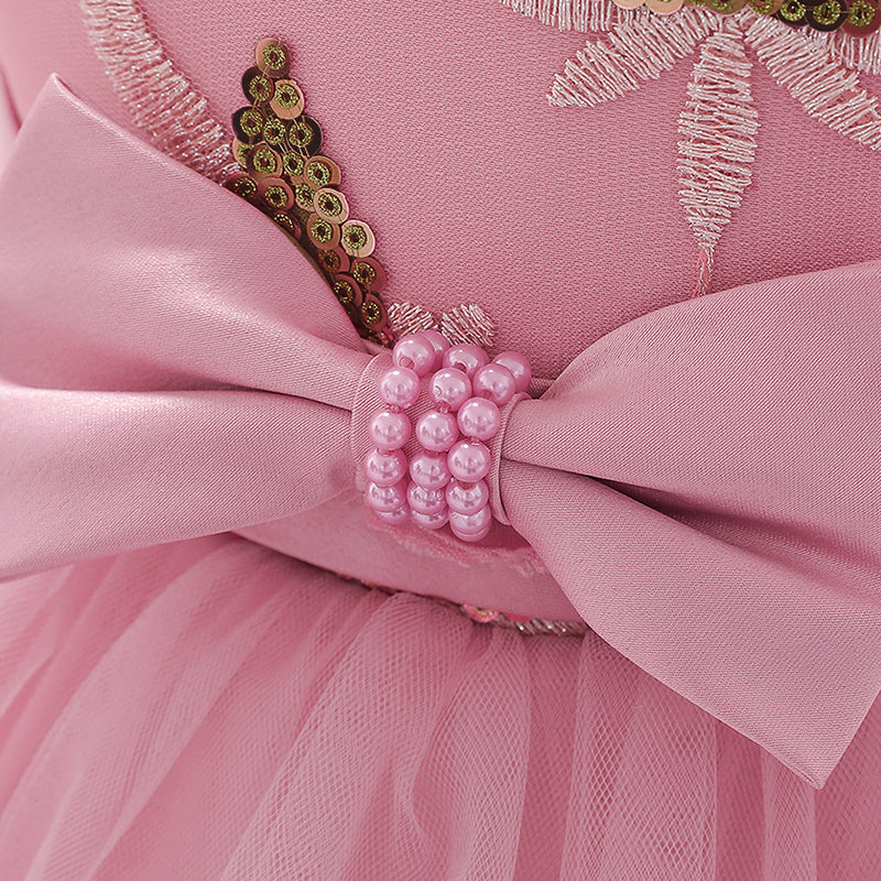 Girls Pink Floral Embellished Round Neck Fit & Flare Dress