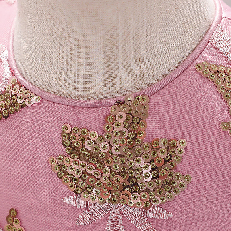 Girls Pink Floral Embellished Round Neck Fit & Flare Dress