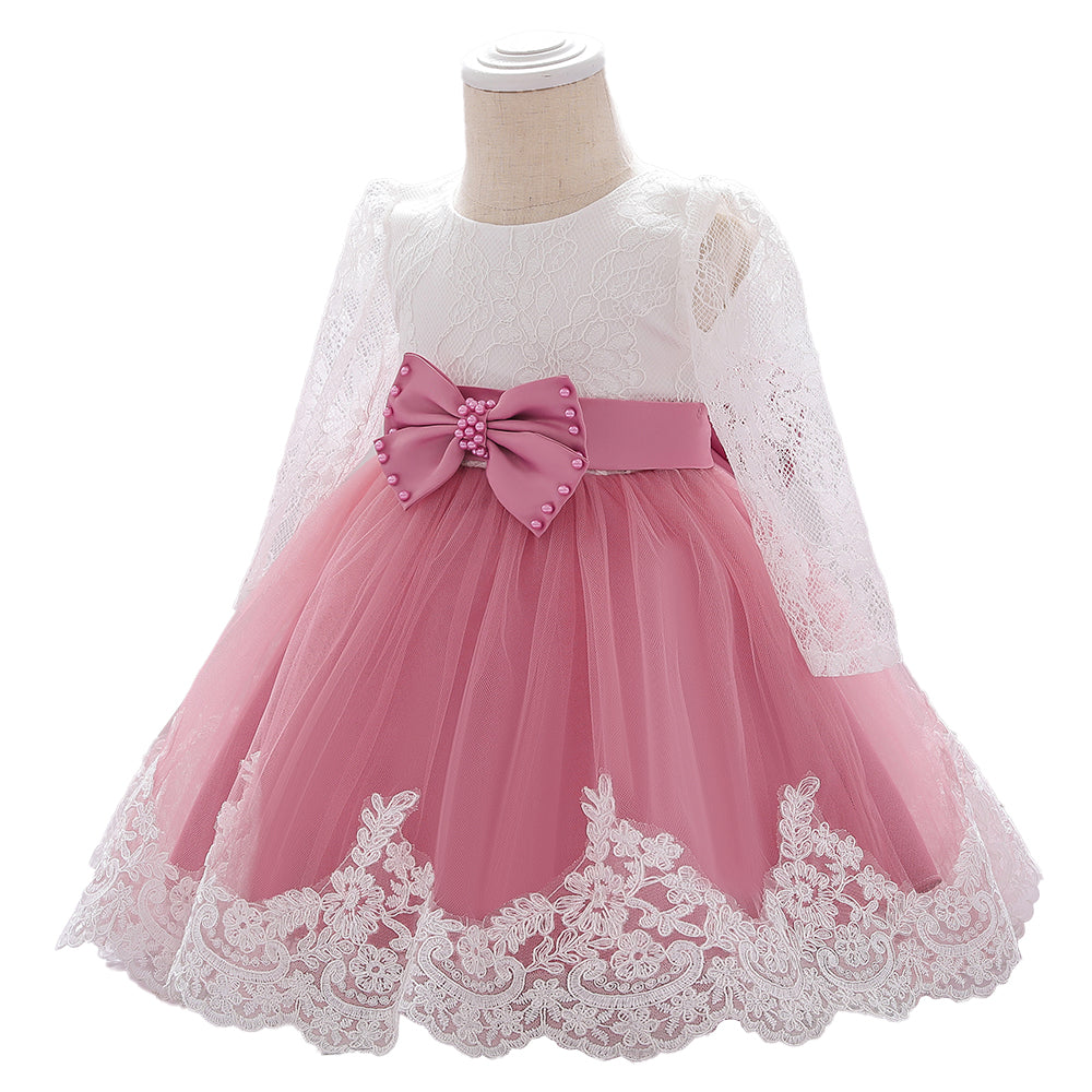 Round Neck Long Puff Sleeves Sheer Fit & Flare Dress
