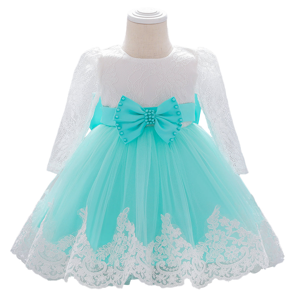 Girls Green & White Floral Embroidered Balloon Dress