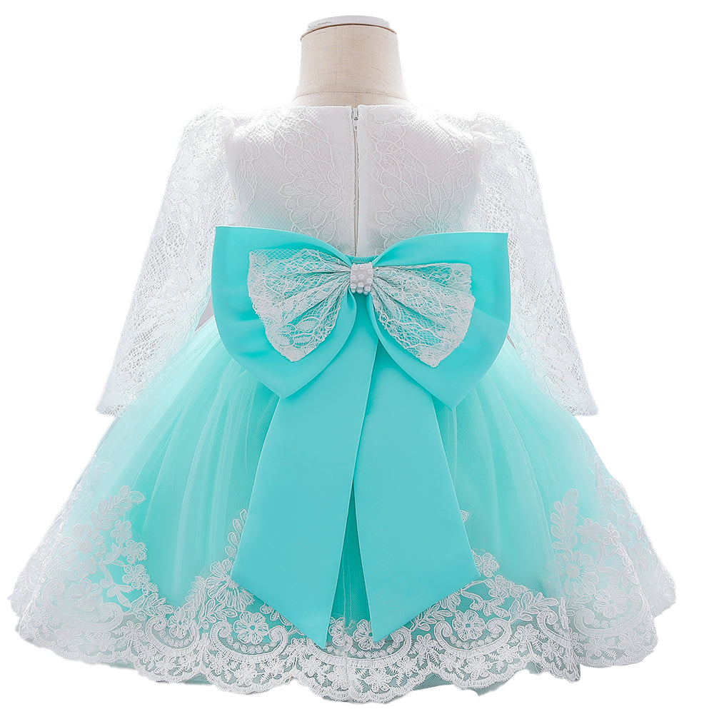 Girls Green & White Floral Embroidered Balloon Dress