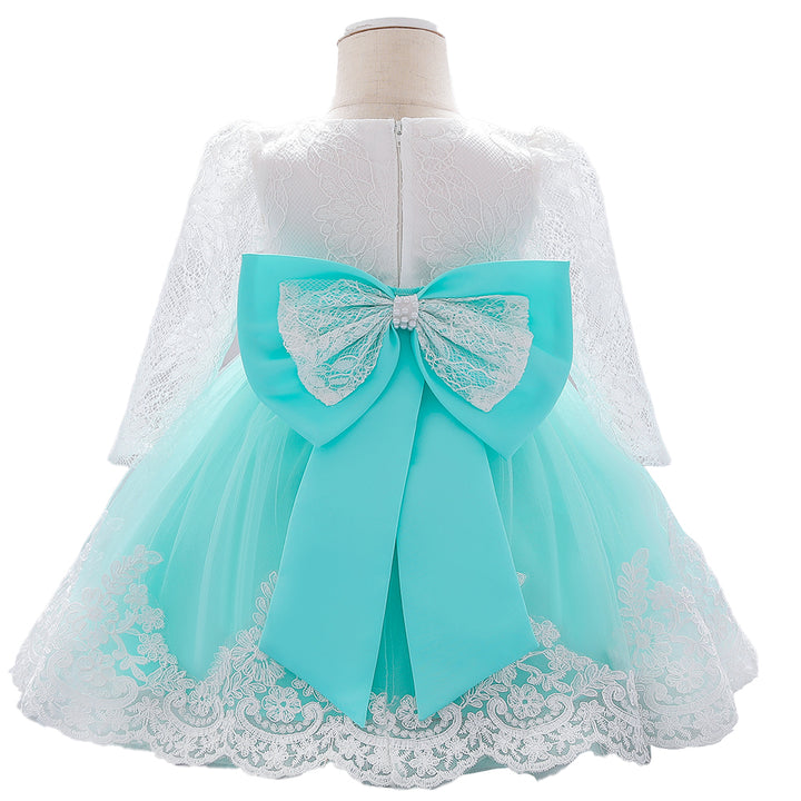 Girls Green & White Floral Embroidered Balloon Dress