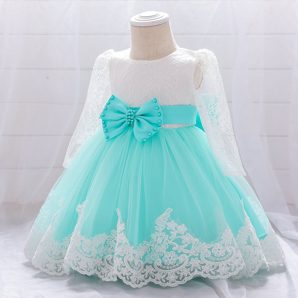 Girls Green & White Floral Embroidered Balloon Dress