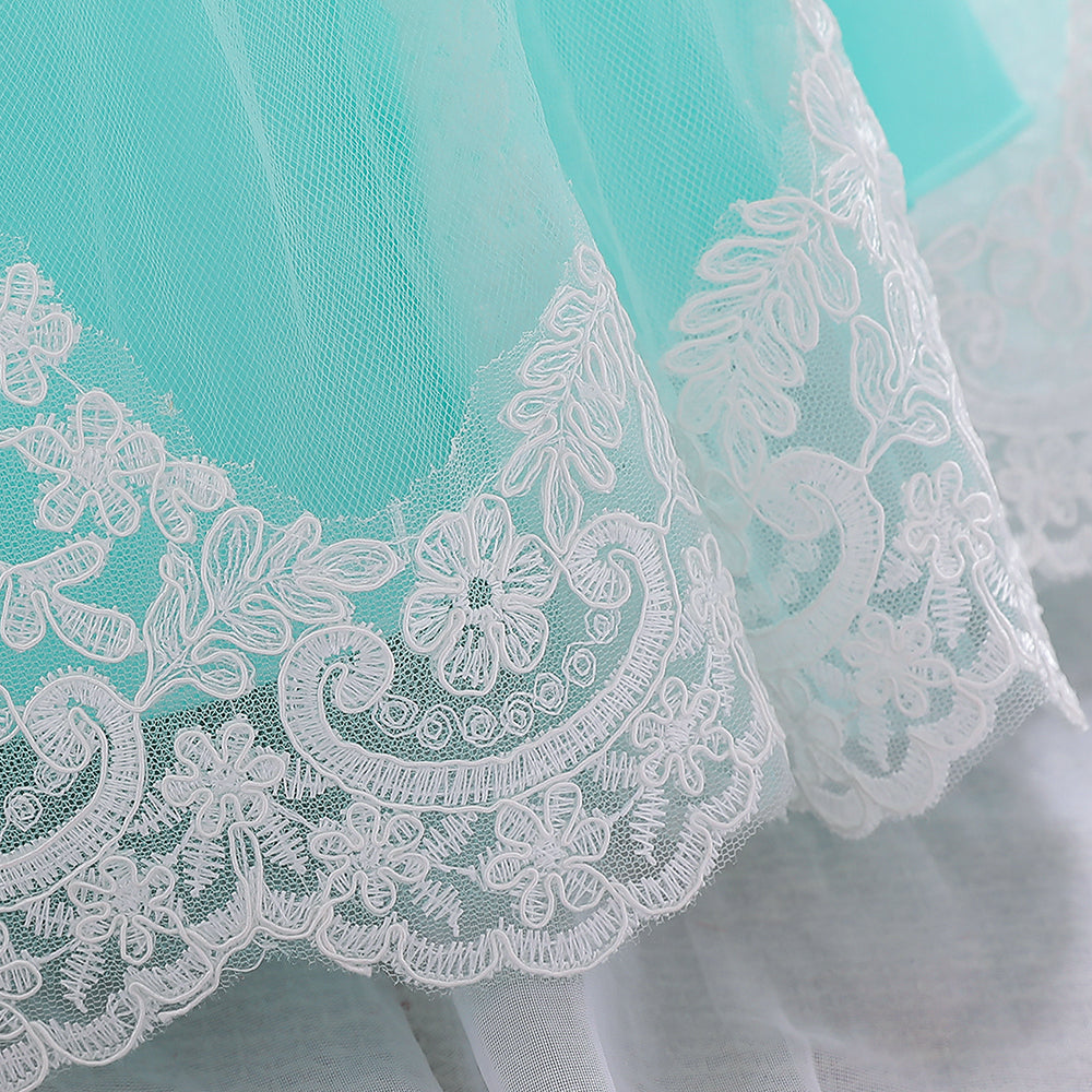 Girls Green & White Floral Embroidered Balloon Dress