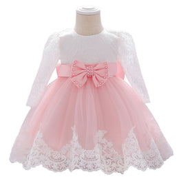 Girls Pink & White Floral Self Design Puffed Sleeves Bow Fit & Flare Dress