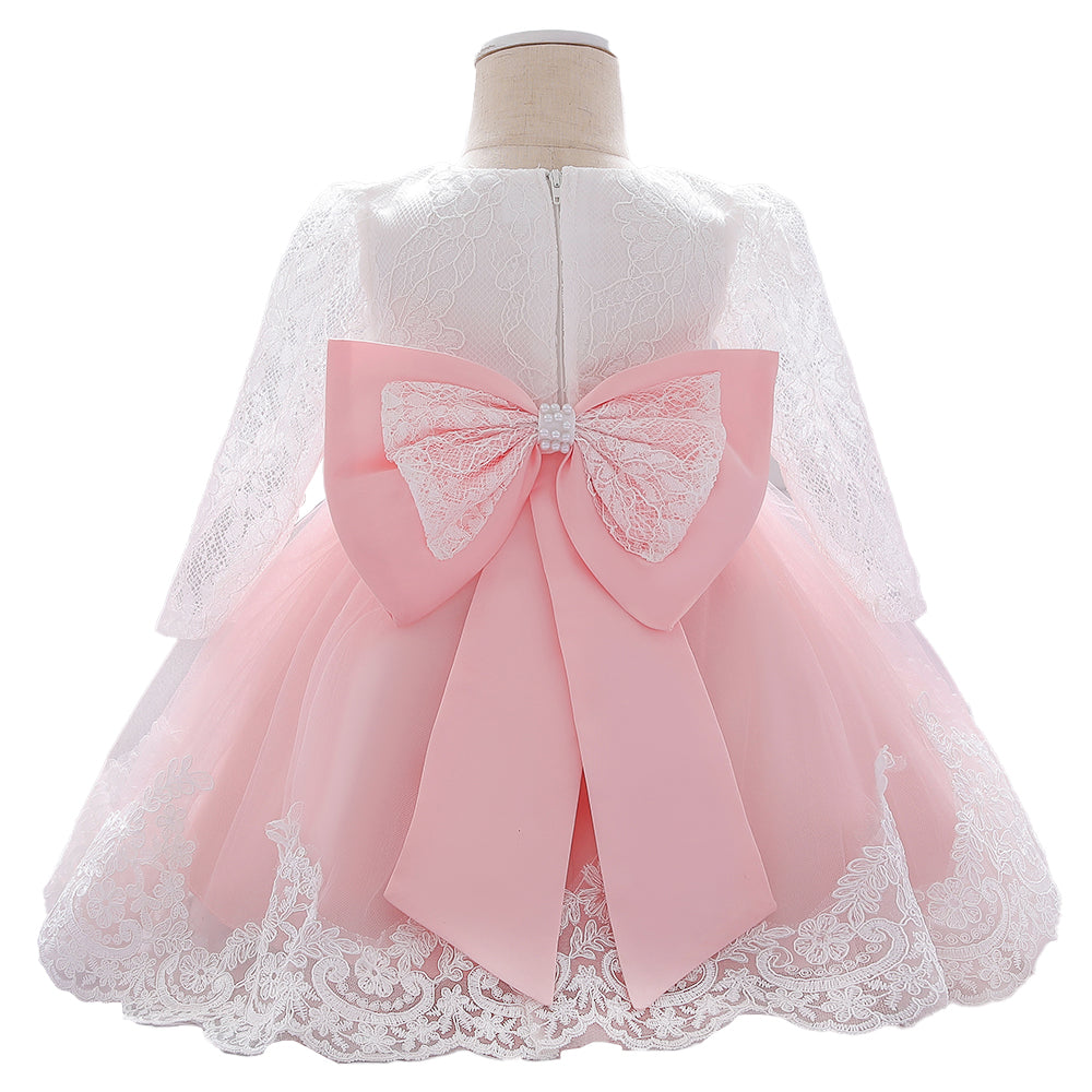 Girls Pink & White Floral Self Design Puffed Sleeves Bow Fit & Flare Dress