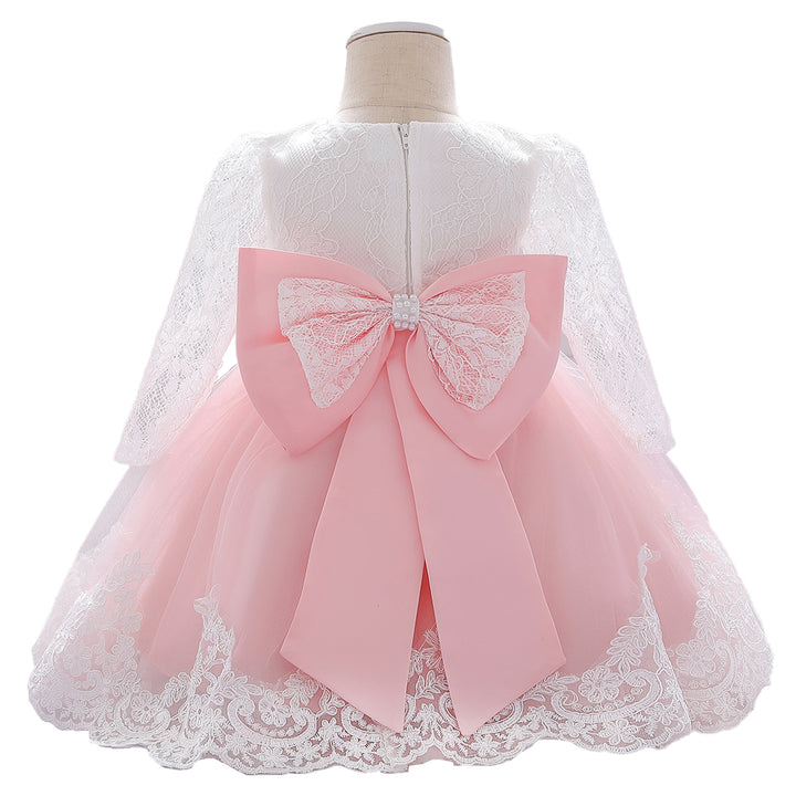 Girls Pink & White Floral Self Design Puffed Sleeves Bow Fit & Flare Dress