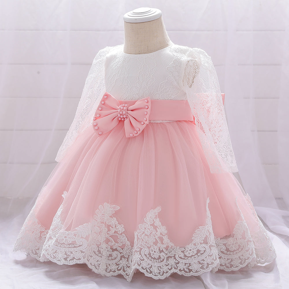 Girls Pink & White Floral Self Design Puffed Sleeves Bow Fit & Flare Dress