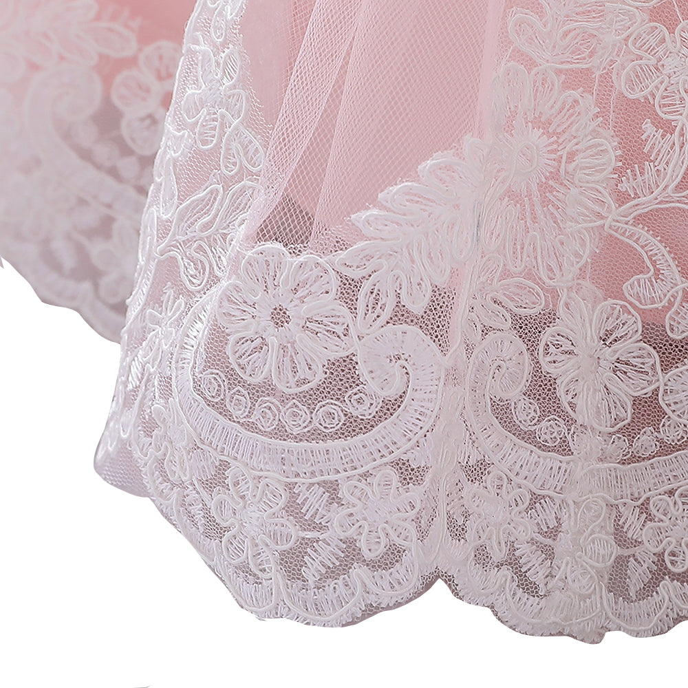 Girls Pink & White Floral Self Design Puffed Sleeves Bow Fit & Flare Dress