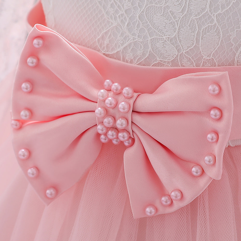 Girls Pink & White Floral Self Design Puffed Sleeves Bow Fit & Flare Dress