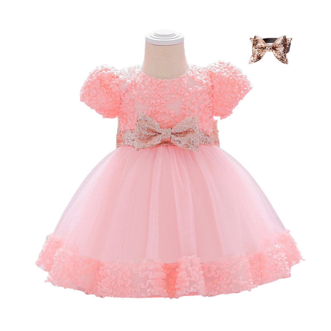 Girls Pink Embellished Puff Sleeves Net Fit & Flare Dress