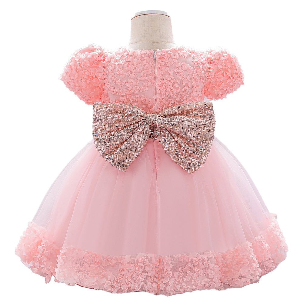 Girls Pink Embellished Puff Sleeves Net Fit & Flare Dress