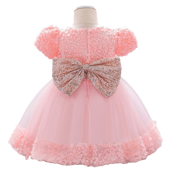 Girls Pink Embellished Puff Sleeves Net Fit & Flare Dress