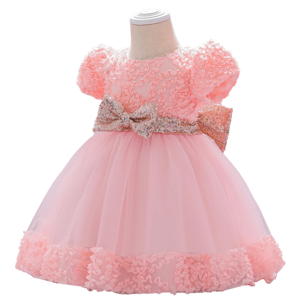 Girls Pink Embellished Puff Sleeves Net Fit & Flare Dress