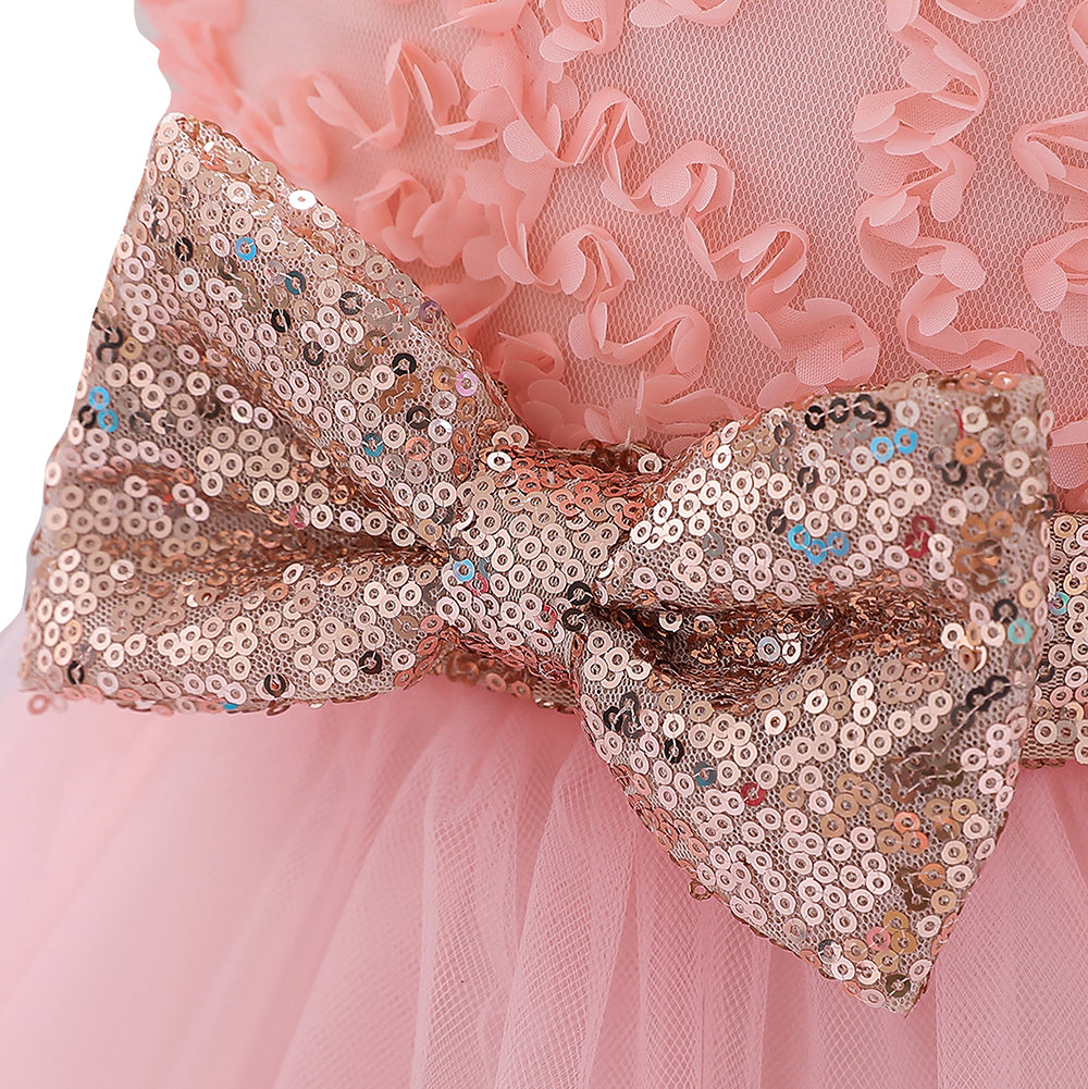 Girls Pink Embellished Puff Sleeves Net Fit & Flare Dress