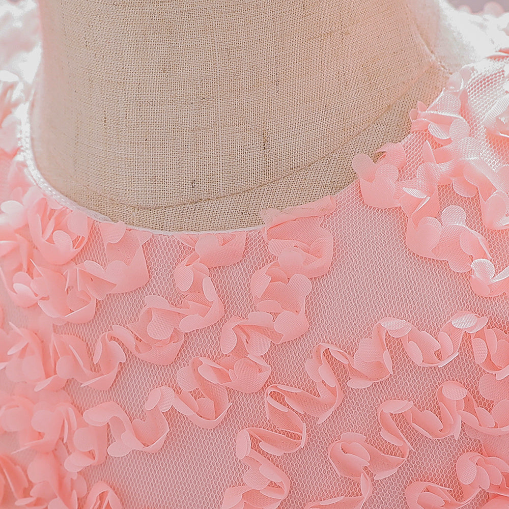 Girls Pink Embellished Puff Sleeves Net Fit & Flare Dress