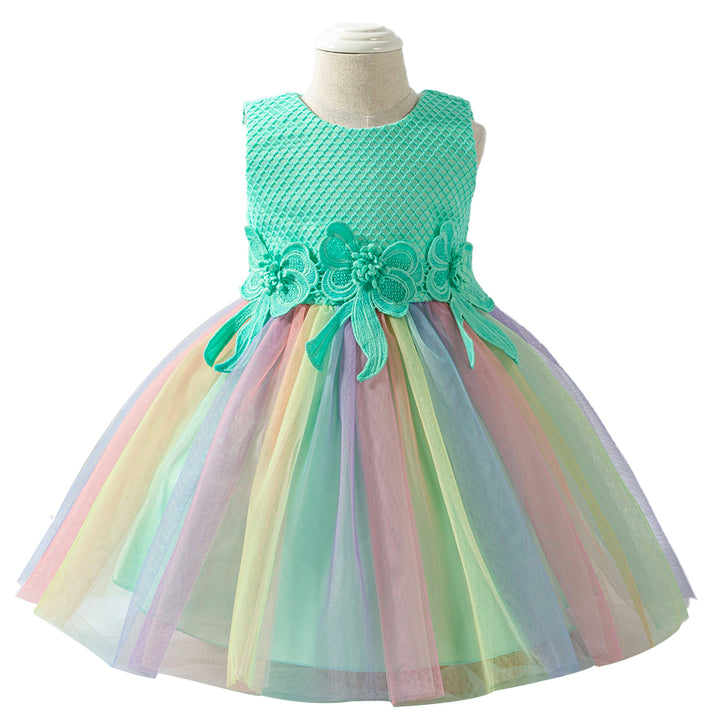 Girls Green Round neck Sleeveless Striped Applique Fit & Flare Dress