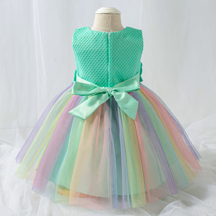 Girls Green Round neck Sleeveless Striped Applique Fit & Flare Dress