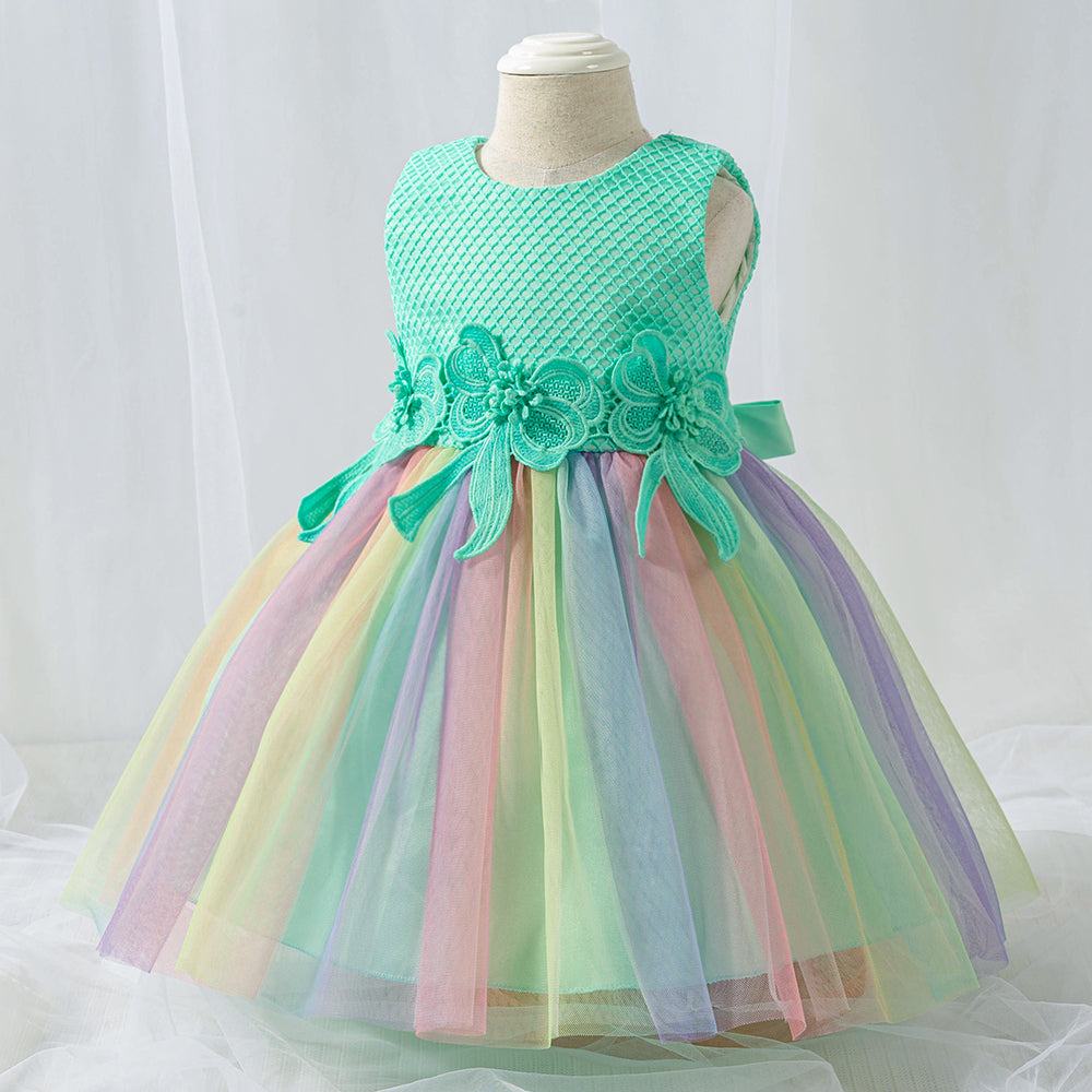 Girls Green Round neck Sleeveless Striped Applique Fit & Flare Dress