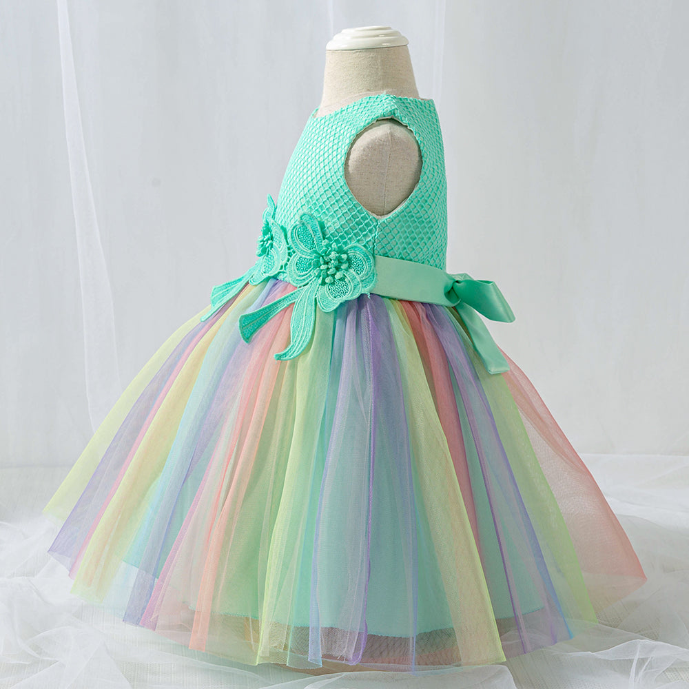 Girls Green Round neck Sleeveless Striped Applique Fit & Flare Dress