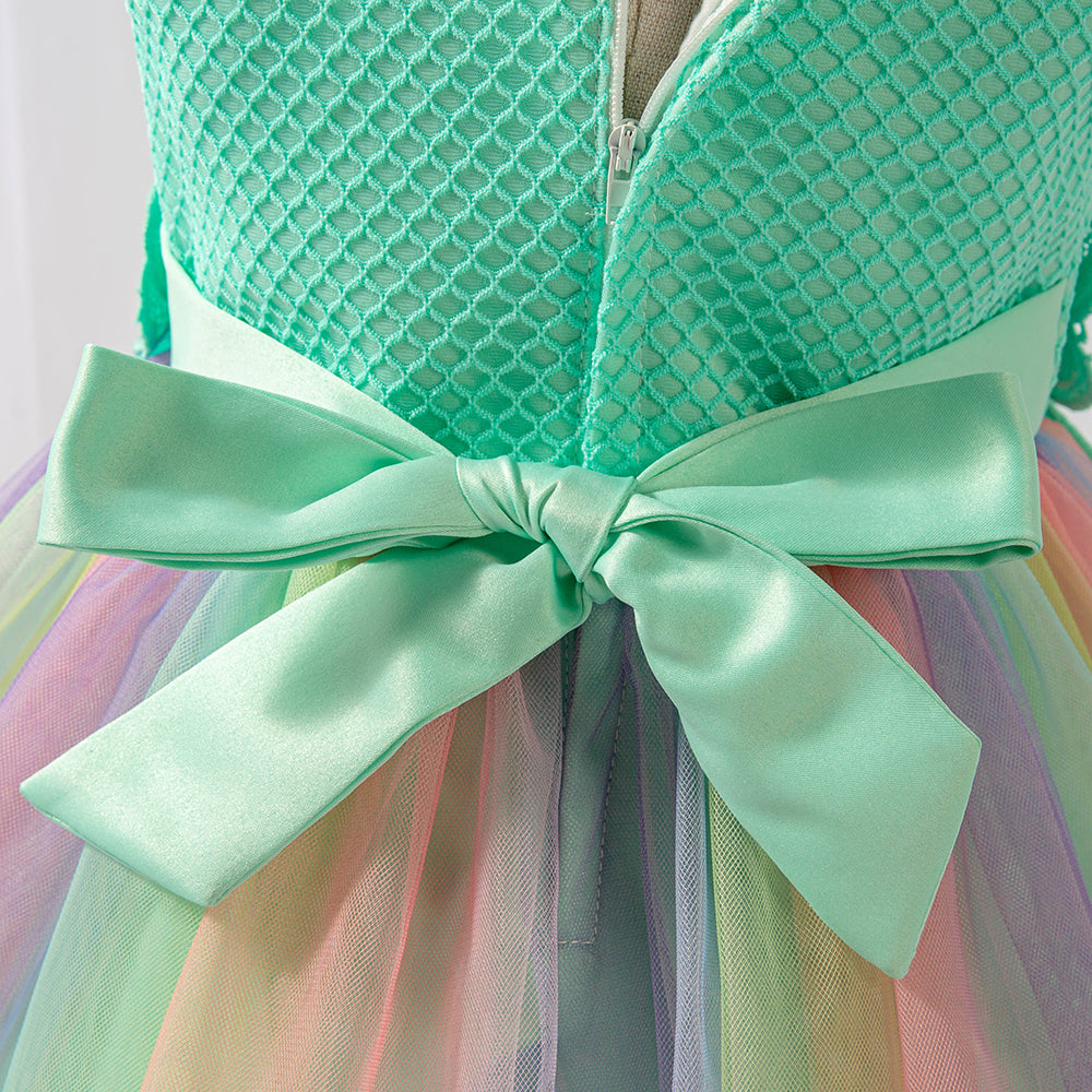 Girls Green Round neck Sleeveless Striped Applique Fit & Flare Dress