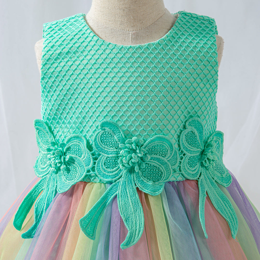 Girls Green Round neck Sleeveless Striped Applique Fit & Flare Dress