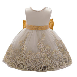 Girls Champagne Ethnic Motifs Embroidered Fit & Flare Balloon Dress