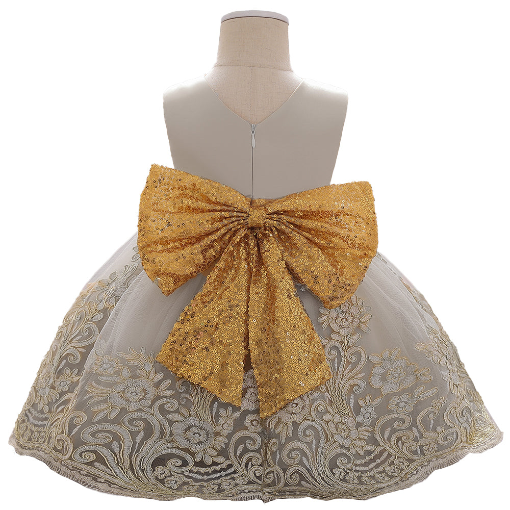 Girls Champagne Ethnic Motifs Embroidered Fit & Flare Balloon Dress