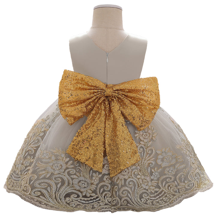Girls Champagne Ethnic Motifs Embroidered Fit & Flare Balloon Dress
