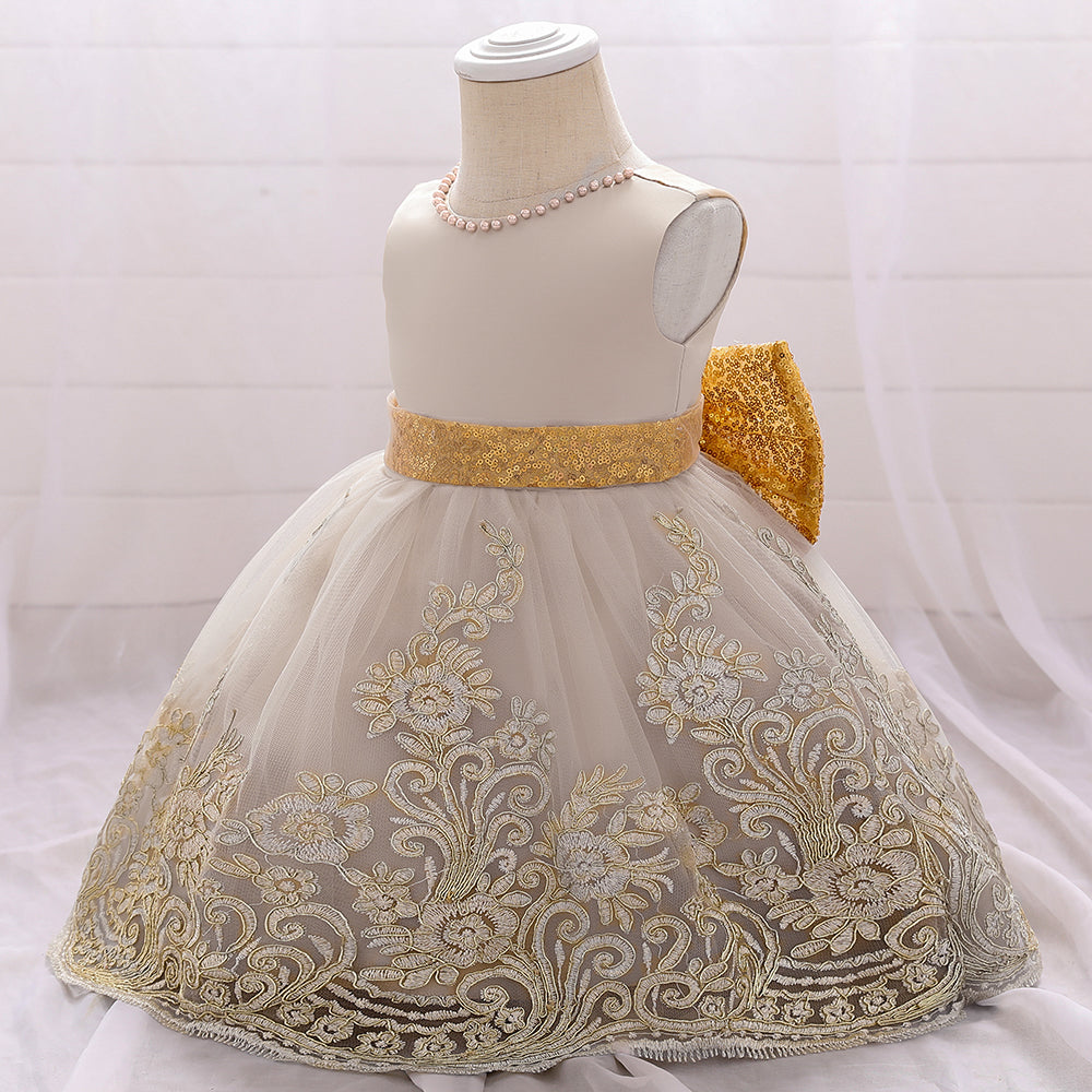 Girls Champagne Ethnic Motifs Embroidered Fit & Flare Balloon Dress