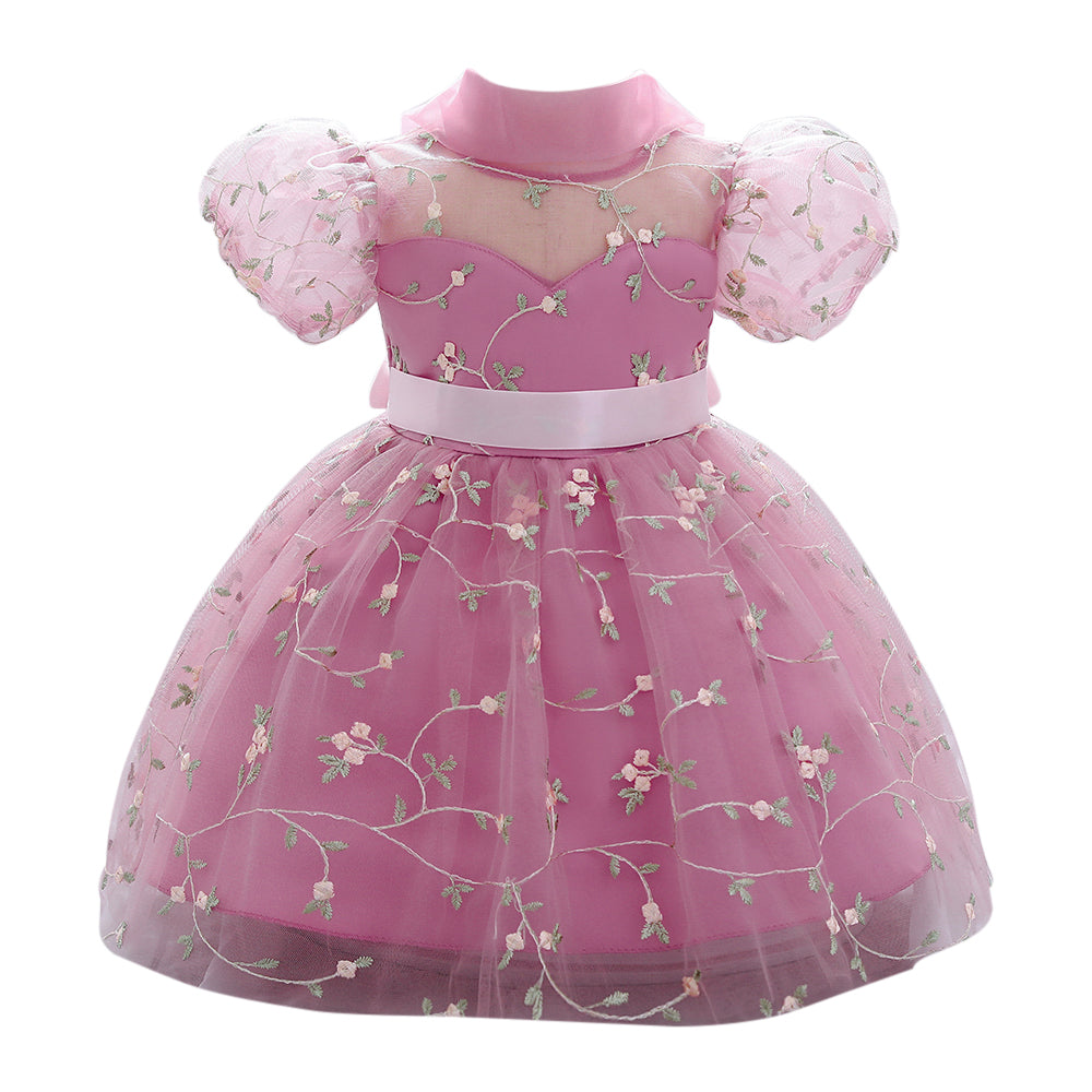 Pink & heather rose Floral Embroidered Puff Sleeve Applique Fit & Flare Dress