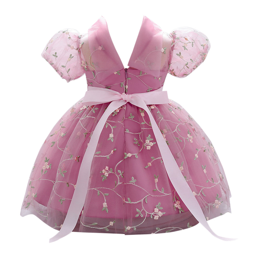 Pink & heather rose Floral Embroidered Puff Sleeve Applique Fit & Flare Dress