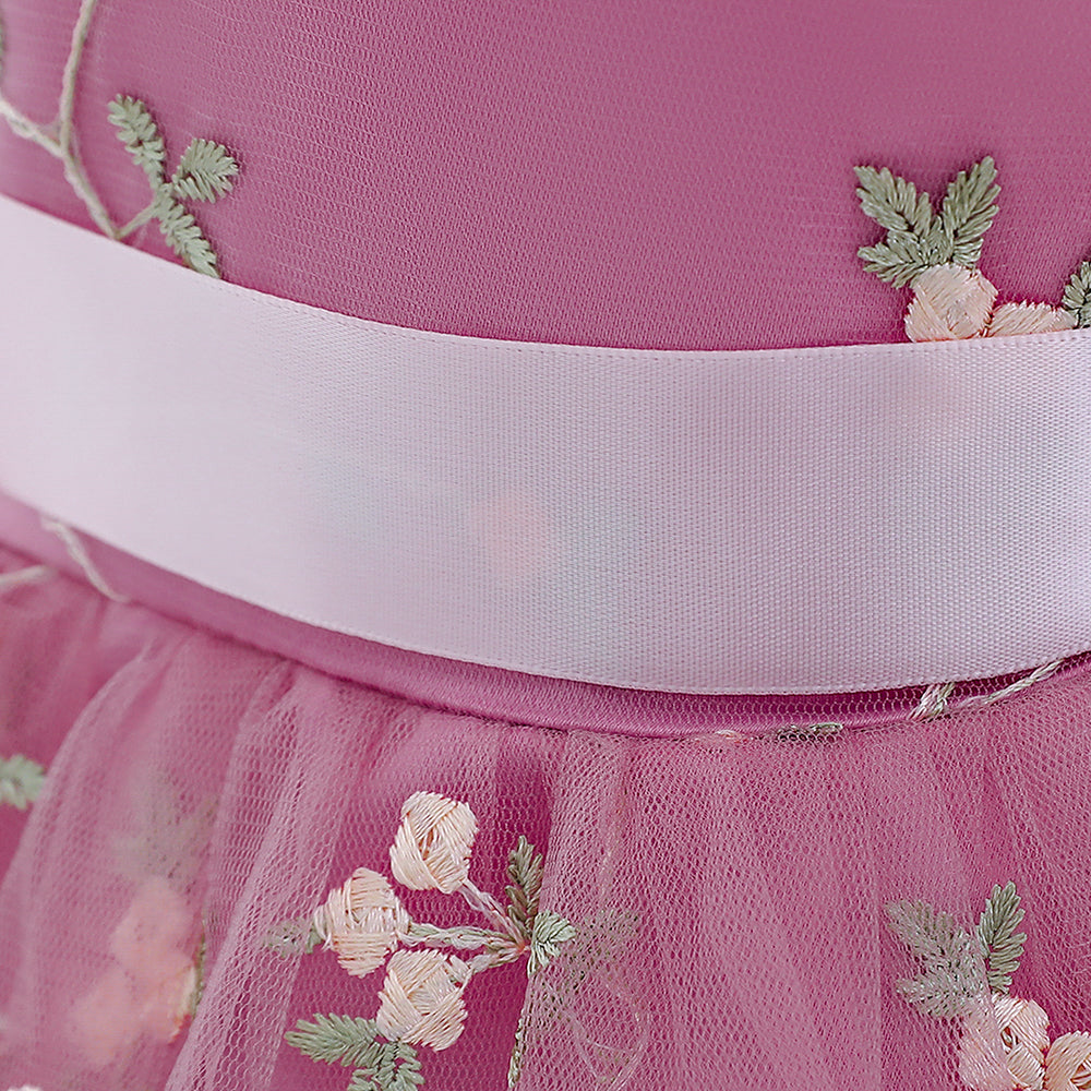 Pink & heather rose Floral Embroidered Puff Sleeve Applique Fit & Flare Dress