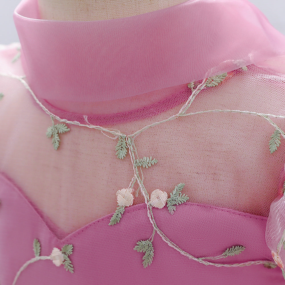 Pink & heather rose Floral Embroidered Puff Sleeve Applique Fit & Flare Dress