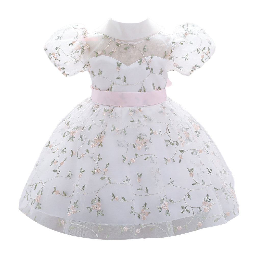 Girls White Floral Print  Applique Fit & Flare Dress